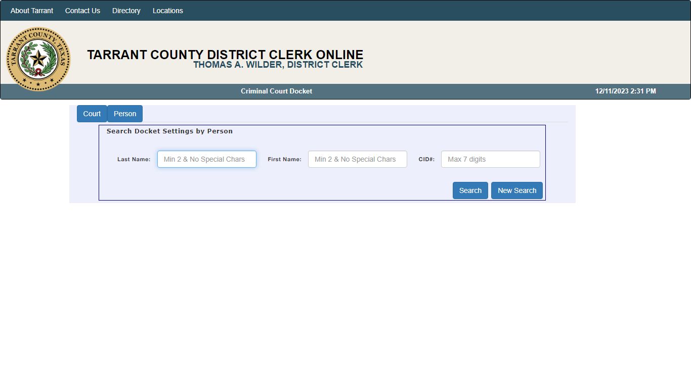 Criminal Docket Search - Tarrant County DCSA
